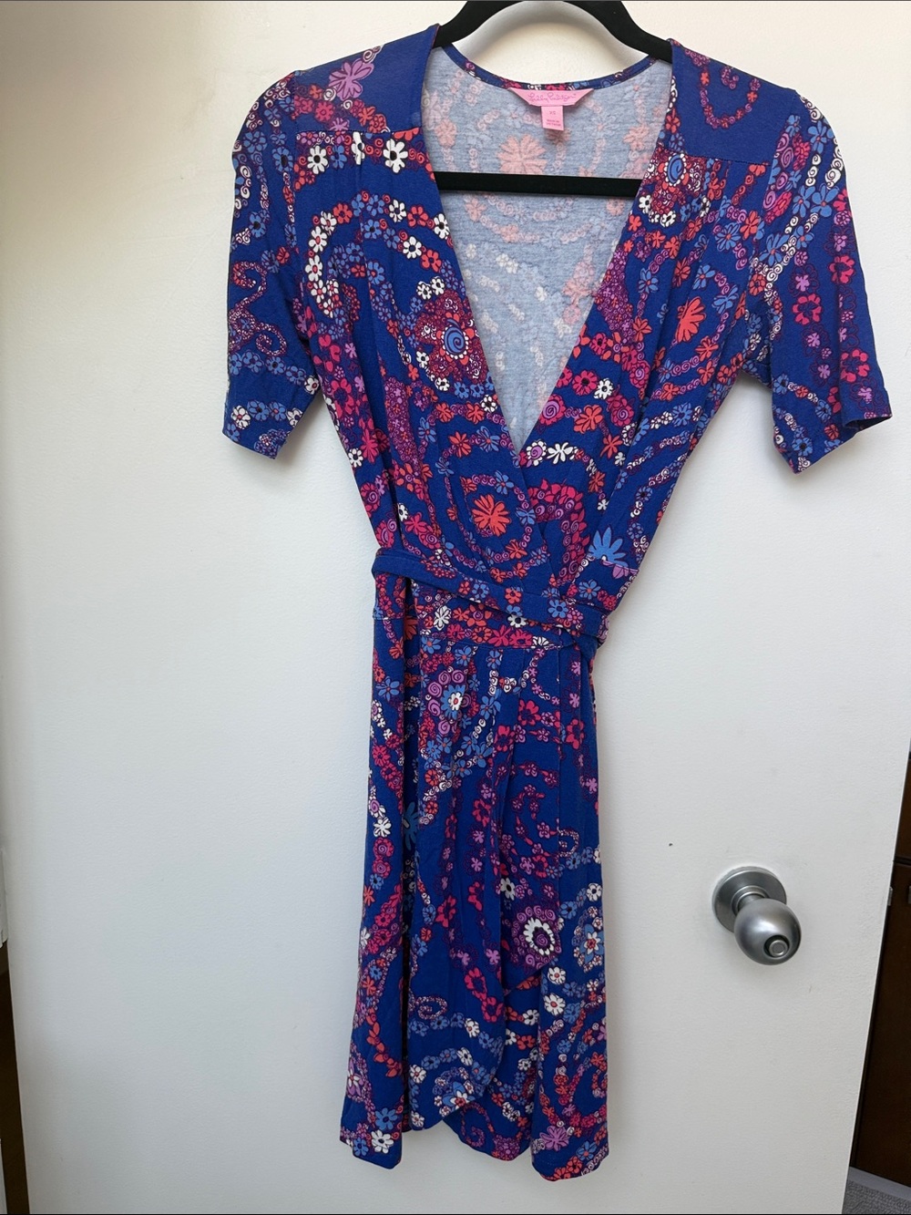 Lilly Pulitzer Knit Jersey Blue Floral Wrap Dress with Pink and White Accents